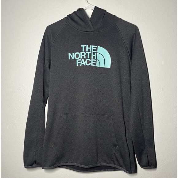 The North Face Hoodie Women Size Large Gray Teal Big Logo Kangaroo Pocket Hooded - Picture 1 of 11